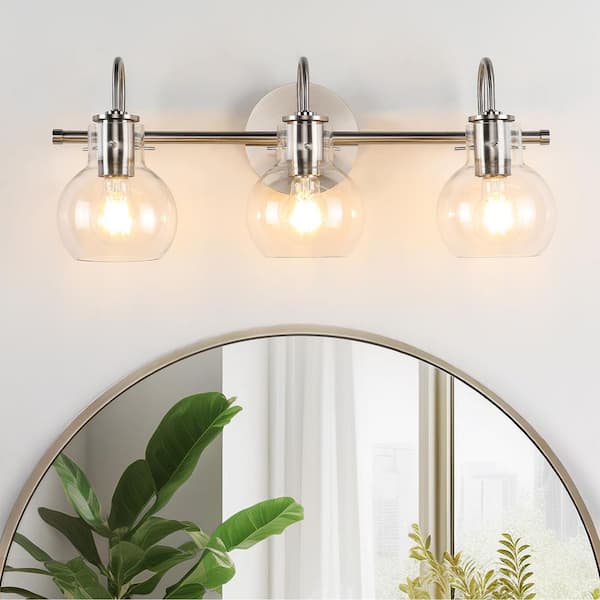 22.04 in. 3-Light Nickel Bathroom Vanity Light with Clear Glass Shade for Bathroom Modern Wall Sconce