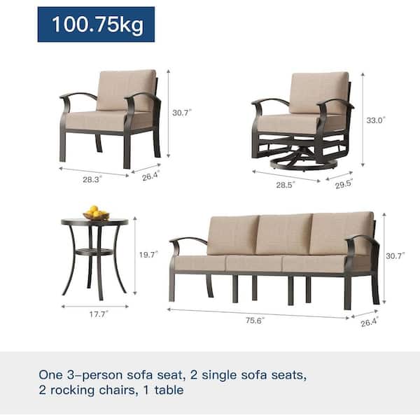 7-Piece Aluminum Patio Conversation Set with Armrest, Propane Fire Pit Table, Swivel Rocking Chairs and Cushion Sand