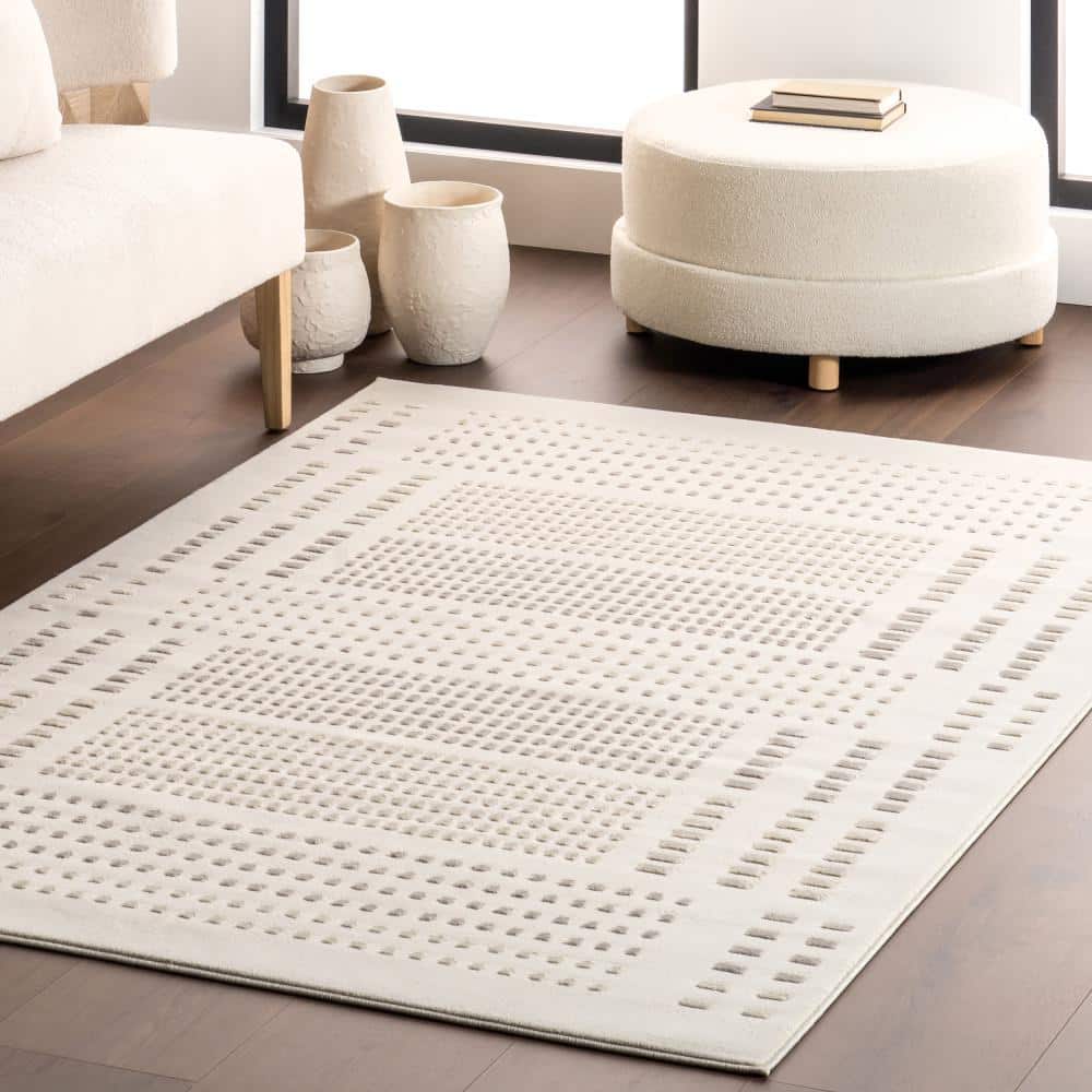 Cream Geometric Machine Washable Synthetic Area Rug, 2' x 3'