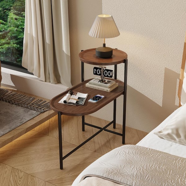 Unbranded 27.5 in. Walnut Brown 2-Tier Oval MDF End Table Metal Frame Modern Side Table Nightstands for Living Room Bedroom