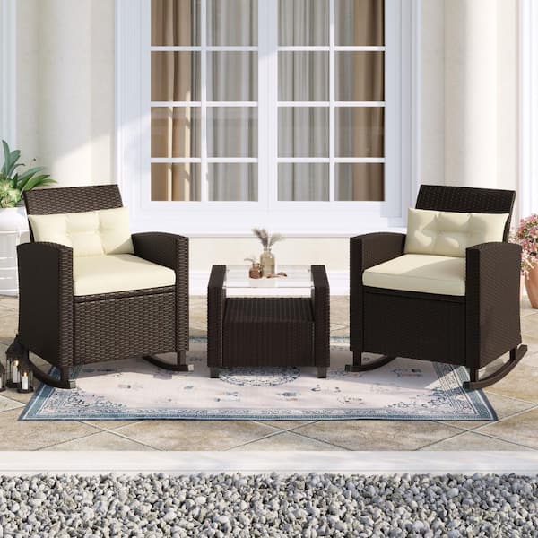 CORVUS Fatih 3-Piece Outdoor Wicker Rocking Chat Set with Tan Cushions