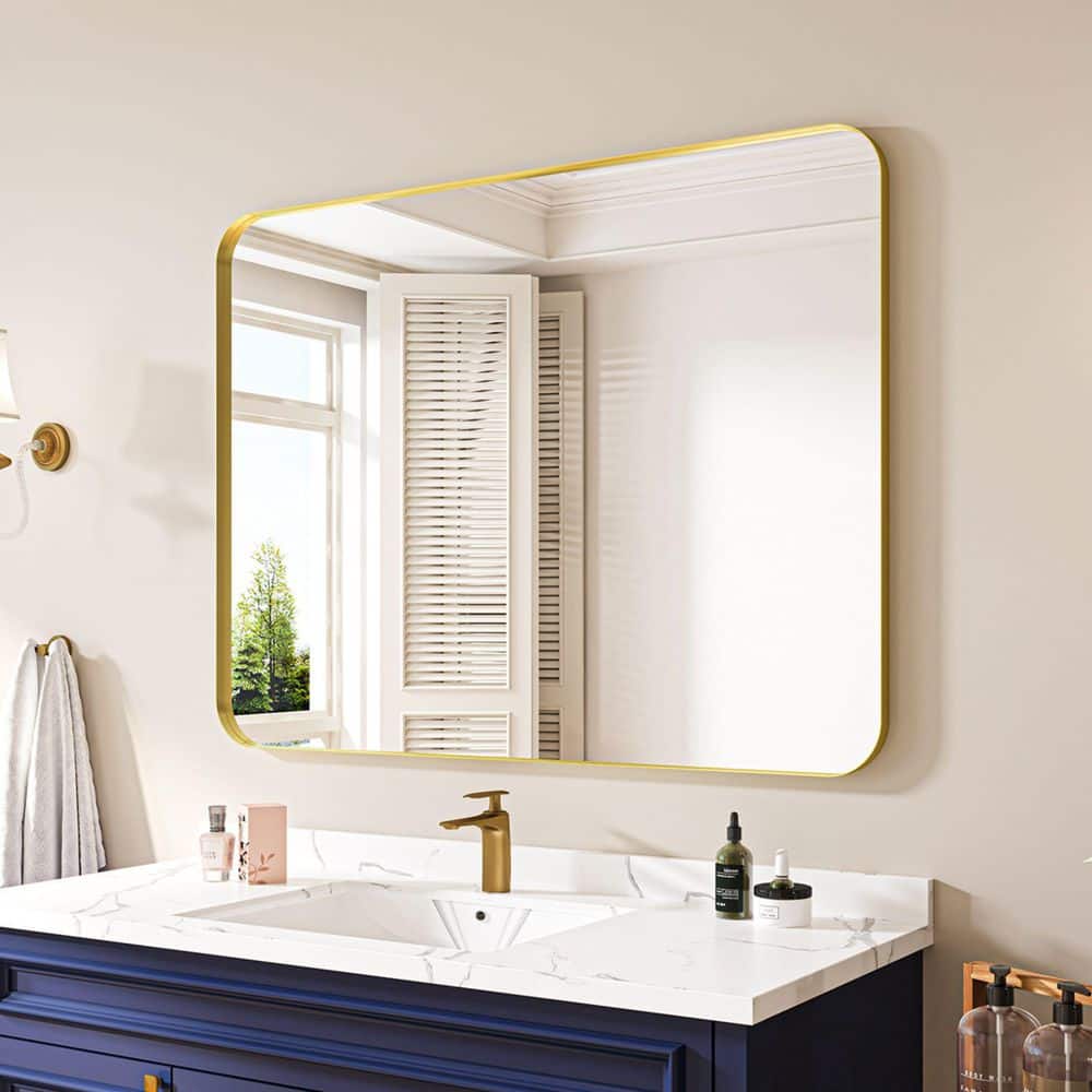 55 in. W x 30 in. H Rectangular Aluminum Framed Wall Bathroom Vanity Mirror in Golden price history on PriceWatchPro