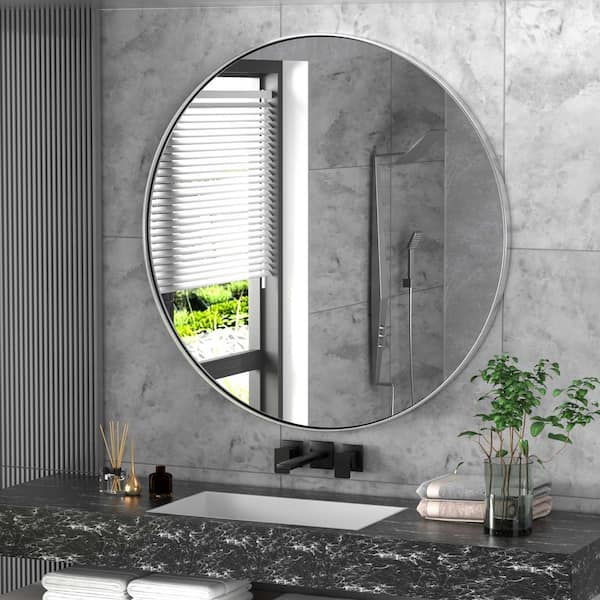 PRIMEPLUS 30 in. W x 30 in. H Large Round Stainless Steel Bathroom Mirror Vanity Mirror Wall Decorative Mirror in Brushed Silver