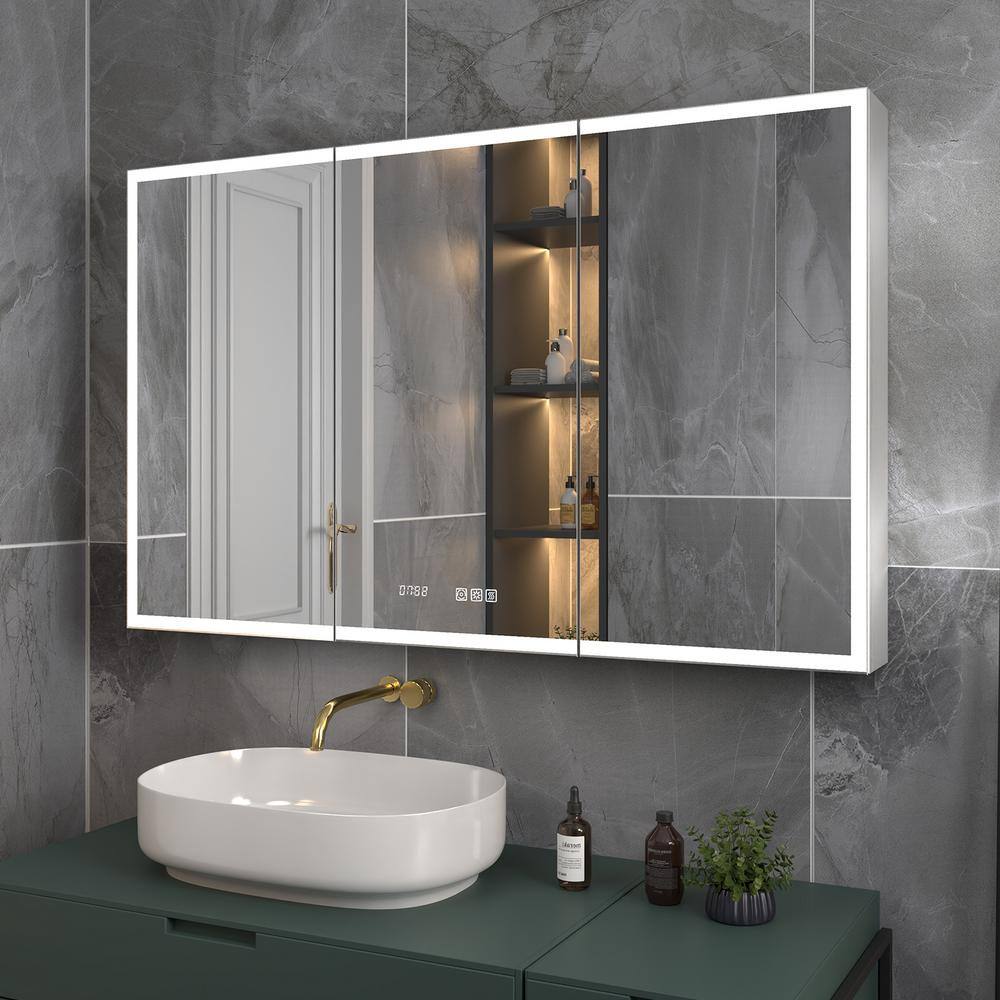 48 in. W x 30 in. H Rectangular Silver Aluminum Recessed/Surface Mount Medicine Cabinet with Mirror, LED and Clock price history on PriceWatchPro