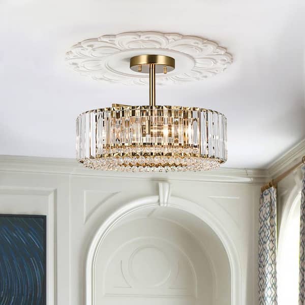 Orillia 15.74 in. 4-Light Contemporary Drum Gold Semi Flush Mount Ceiling Light with Crystal Shade