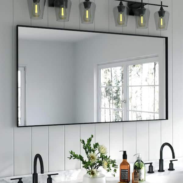 55 in. W x 30 in. H Rectangular Aluminum Framed Wall Bathroom Vanity Mirror in Black