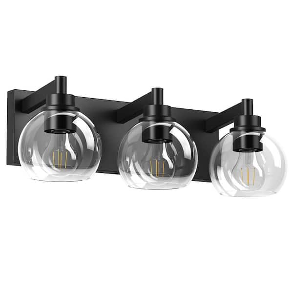 20 in. 3-Light Modern Matte Black Wall Sconce With Clear Glass Shade For Bathroom, Entryway