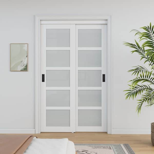 48 in. x 80 in. 5-Lite Tempered Frosted Glass Primed White MDF Interior Closet Sliding Door Black Handles and Hardware