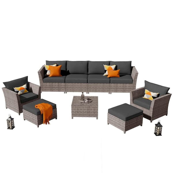 Rose 9-Pieces Wicker Patio Conversation Seating Sofa Set with Black Cushions