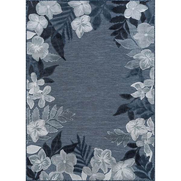 Eden  8 ft. x 10 ft. Navy Washable Border Floral Indoor Outdoor Area Rug
