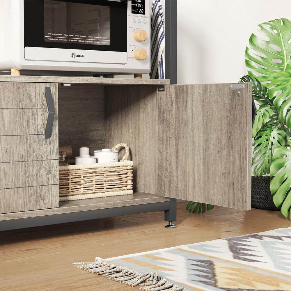 Grey Wash 3-Tier Baker's Rack with Storage Cabinet and Hooks