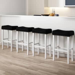Hylie 29 in. Nailhead Wood Bar Height Counter Bar Stool Dark Gray Faux Leather Cushion White Finish, Set of 4