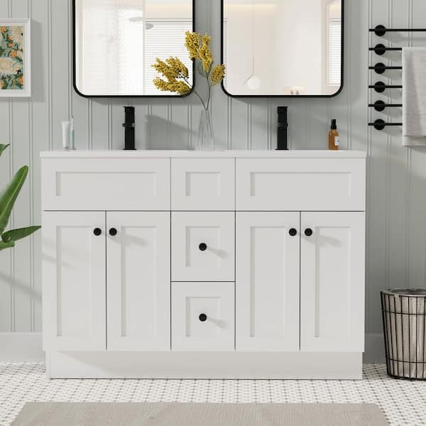 48 in. W x 18.3 in. D Double Sink Freestanding White Bath Vanity with White Integrated Composite Resin Top Drain Set