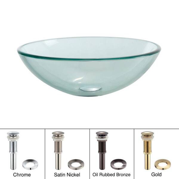 KRAUS 17 in. Glass Vessel Sink in Clear with Pop-Up Drain and Mounting Ring in Chrome