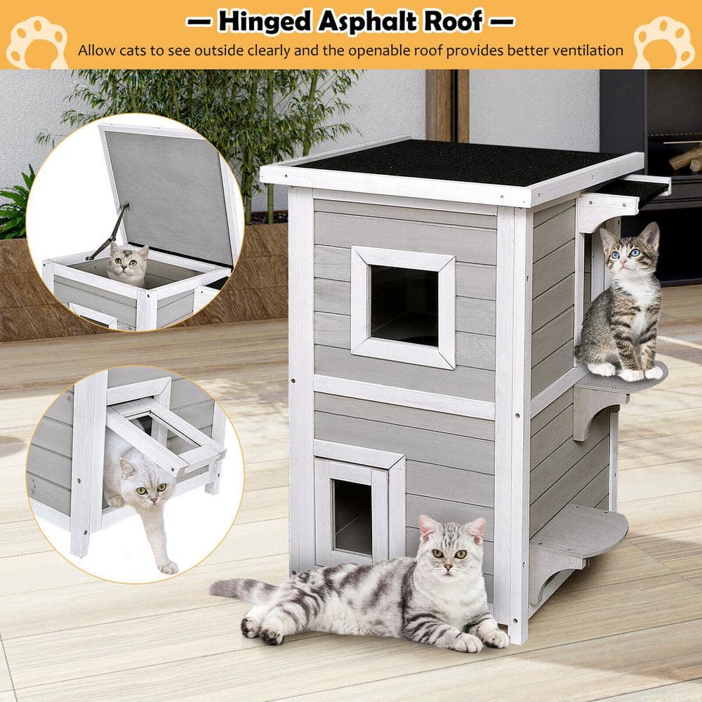 Gray and White 2-Story Wooden Outdoor Cat House with Escape Door