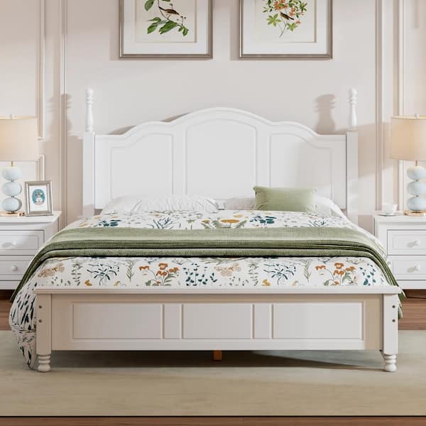 LUCKY ONE White Queen Retro Wood Platform Bed Frame, Pine