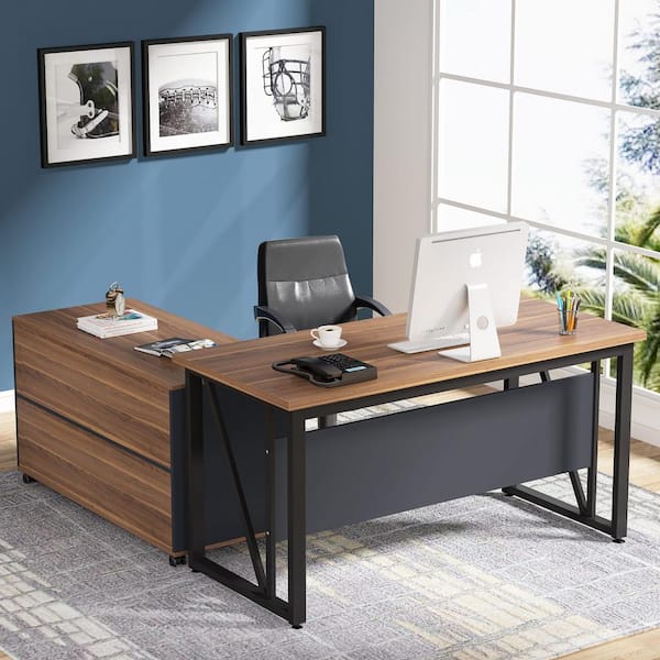 Lantz 55.1 in. L-Shaped Desk Brown Engineered Wood 2-Drawers Executive Desk with File Cabinet