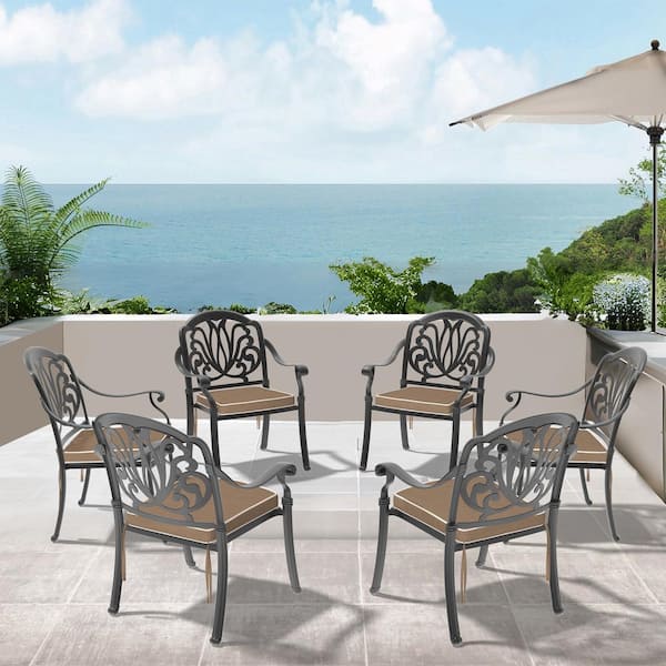 Elizabeth Cast Aluminum Outdoor Dining Chairs with Black Frame and Brown Cushions (6-Pieces)