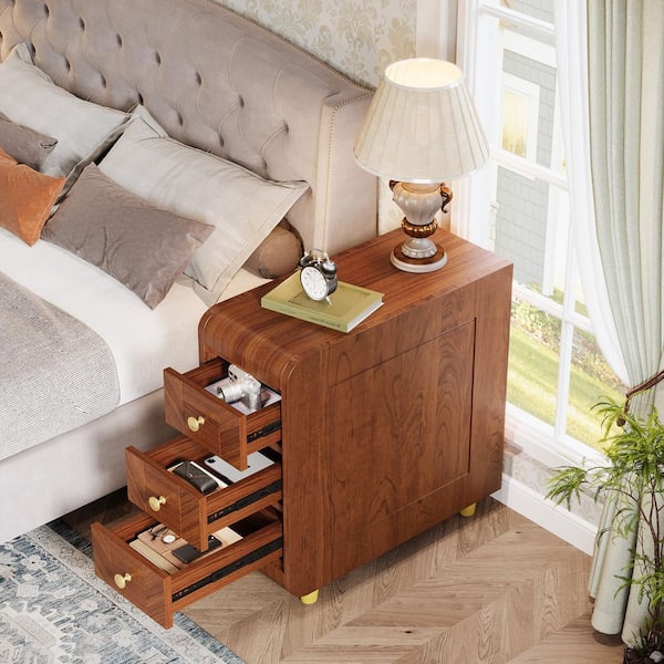 BYBLIGHT Kerlin 23.6 in. Vintage Brown Rectangle Wood 3-Drawer End Table Side with Full-Finished Back