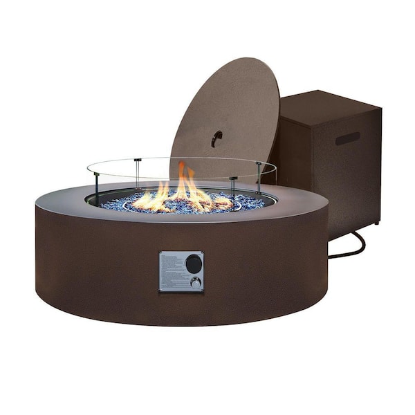 42 in. Round Iron Propane Fire Pit Table with Tank Cover and Wind Guard, Dark Brown