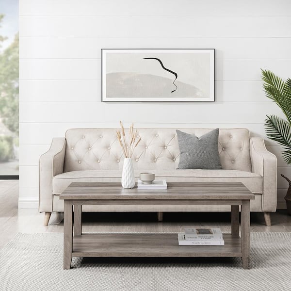 Walker Edison Furniture Company 48 in. Grey Wash Rectangle Wood Classic Coffee Table with Lower Shelf