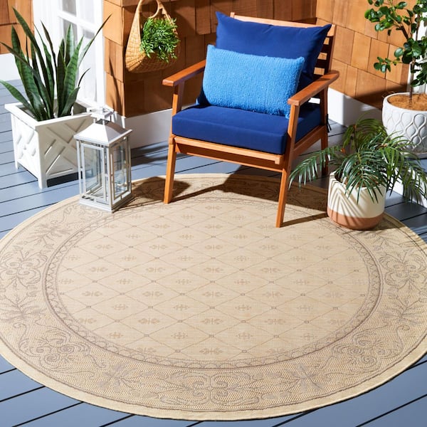 Courtyard Natural/Brown 7 ft. x 7 ft. Round Border Indoor/Outdoor Patio  Area Rug