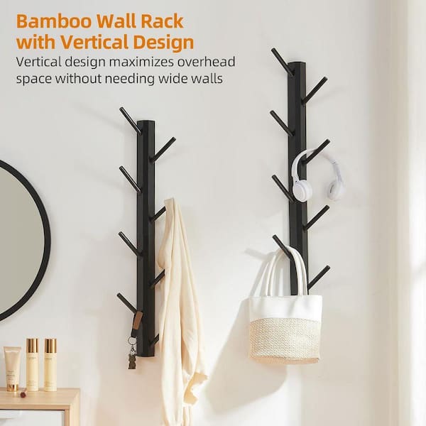 Black Coat Rack Vertical Wall Mount, Bamboo Coats Hooks Clothes