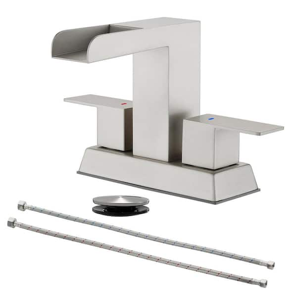 4 in. Centerset Double Handle Low Arc Bathroom Waterfall Faucet with Pop Up Drain Kit in Brushed Nickel