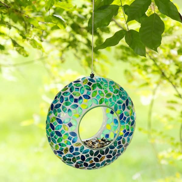 8 in. D Glass Round Hanging Hummingbird Feeder Blue/Green Mosaic Birdfeeder