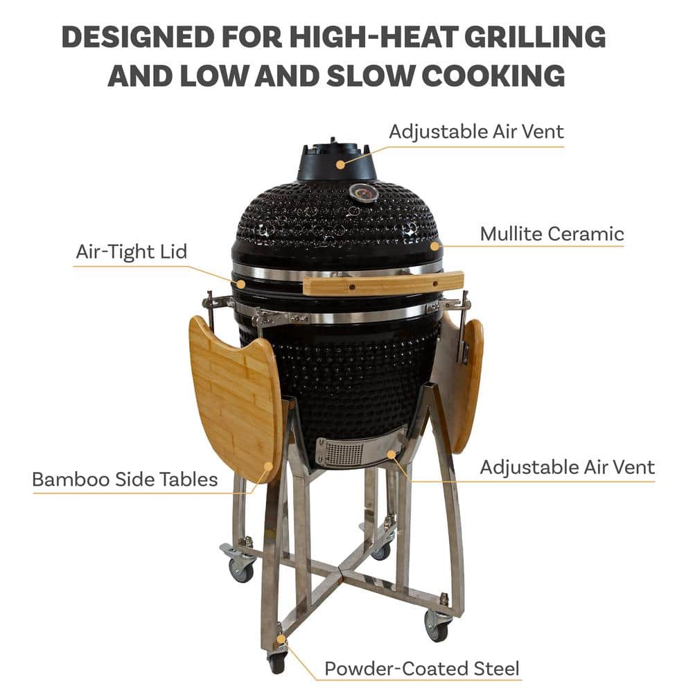 Black Ceramic Kamado Grill with Smoker and Bamboo Side Tables