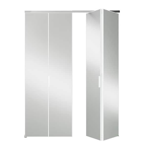 72 in. x 80 in., Mirrored Glass, White, Hollow Core, MDF, Aluminum Frame, Full Lite Bi-fold Doors with Hardware Kits