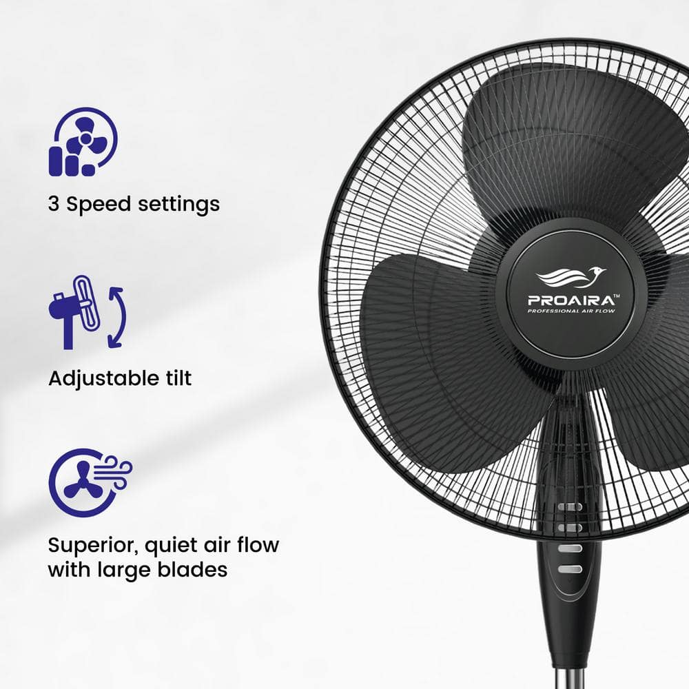 Proaira Black 16" Oscillating Pedestal Fan with Adjustable Height