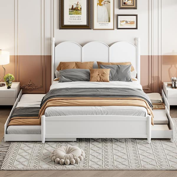 Harper & Bright Designs Classic Rustic Design White Wood Frame Queen Size Platform Bed with Twin XL Size Trundle and 2-Drawers