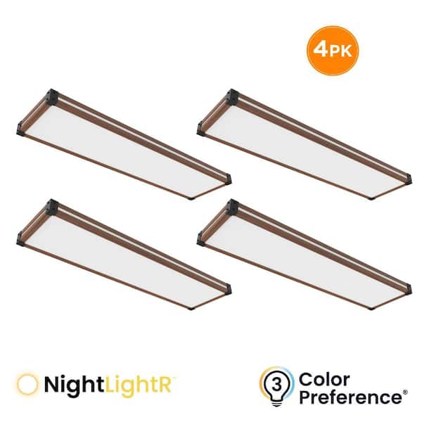 4-Pack ESSEX 4 ft. x 13 in. LED Flush Mount Light w/ Nightlight, 4500LM, 55W, Selectable 3000K 4000K 5000K, Walnut Trim