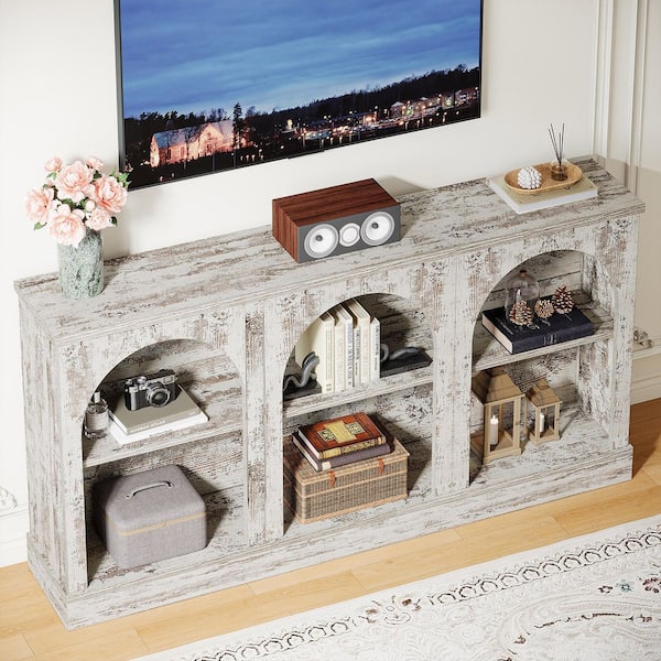 Ezlynn Distressed White TV Stand Entertainment Center Fits TVs Up to 55 to 65 in. with 3 Tier Storage Home Living Room