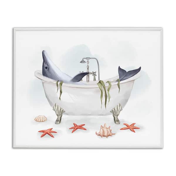 Dolphin Lounging in Bath Tub Nautical Shells by Ziwei Li White Framed Giclee Art Print Animal 11 in. x 14 in.