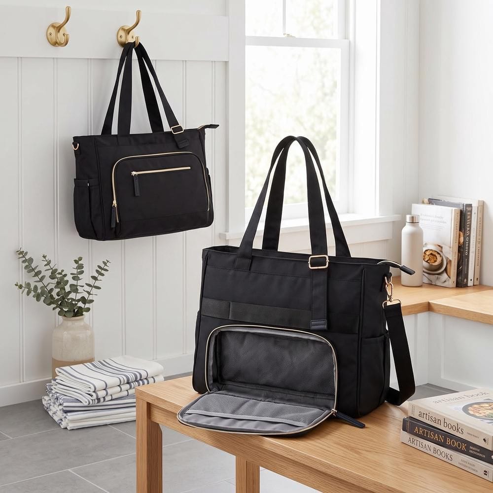 Black 24.5L Work Tote Lunch Bag for Women with Insulated Compartment and Shoulder Strap