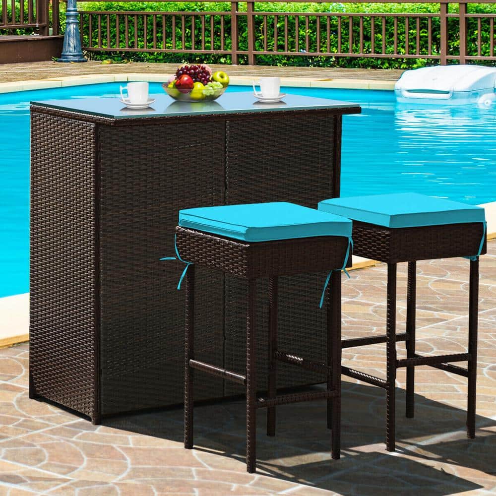 3 Piece Rattan Wicker Outdoor Serving Bar Set with 2 Turquoise Cushions