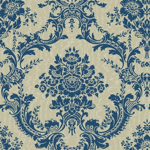 The Wallpaper Company 56 sq. ft. Blue and Taupe Mid Scale Damask on Moire Background Wallpaper-DISCONTINUED