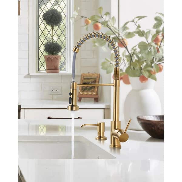 Single Handle Pull Down Sprayer Kitchen Faucet with Soap Dispenser High-Arc Sink Faucet in Brushed Gold