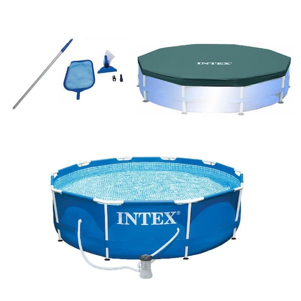 Intex 10 ft. x 2.5 ft. Pool Kit with Pool Set with Filter Pump with 10 ft. Round Pool Cover