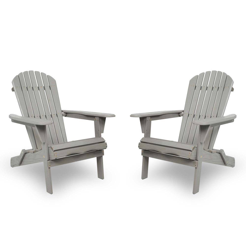Two gray wood folding outdoor Adirondack chairs.