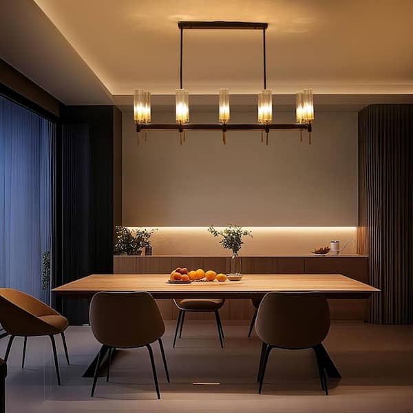 Modern 10 light Black and Brass Linear Kitchen Island Chandelier with Clear Glass Shade