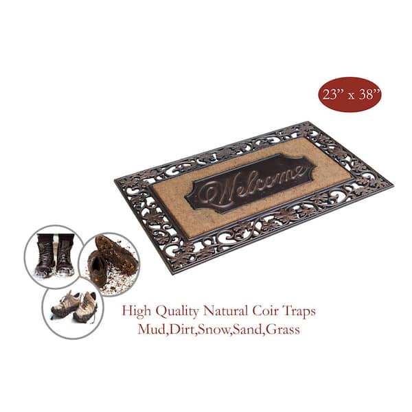 A1 Home Collections A1hc Welcome Floral Border Black 23 in x 38 in Rubber and Coir Dirt Trapper Large Doormat