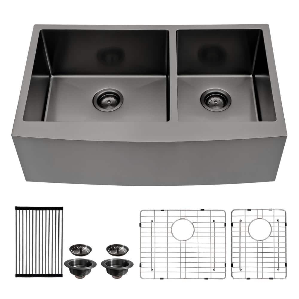 36 in. Farmhouse/Apron Front 60/40 Double Bowl 16-Gauge Gunmetal Black Stainless Steel Kitchen Sink with Bottom Grid -  Sarlai, A-SSTQB36-55