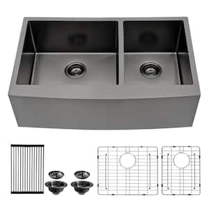 36 in. Farmhouse/Apron Front 60/40 Double Bowl 16-Gauge Gunmetal Black Stainless Steel Kitchen Sink with Bottom Grid
