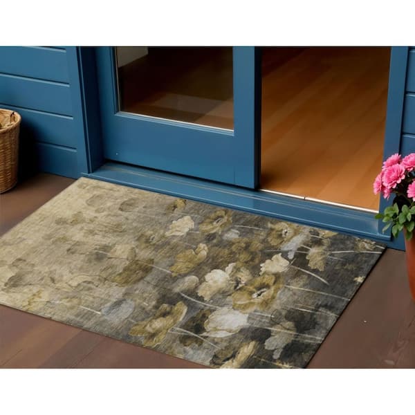 Taupe, Beige, Tan 3 ft. x 5 ft. Woven Floral Polyester Rectangle Indoor/Outdoor Area Rug