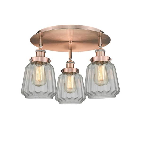 Chatham 18.25 in. 3-Light Antique Copper Art Deco Flush Mount with Clear Glass Shade