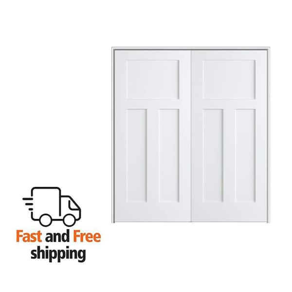 Shaker Flat Panel 60 in. x 80 in. Both Active Solid Core Primed Composite Double Prehung French Door w/ 4-9/16 in. Jamb