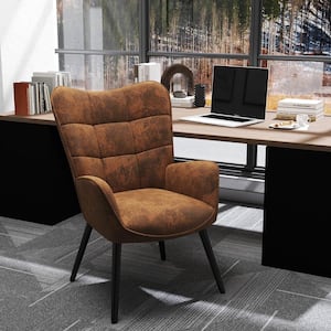 Kan Modern Wingback Office Task Chair with Tufted Back, Brown Suede Fabric and Walnut Wood Legs